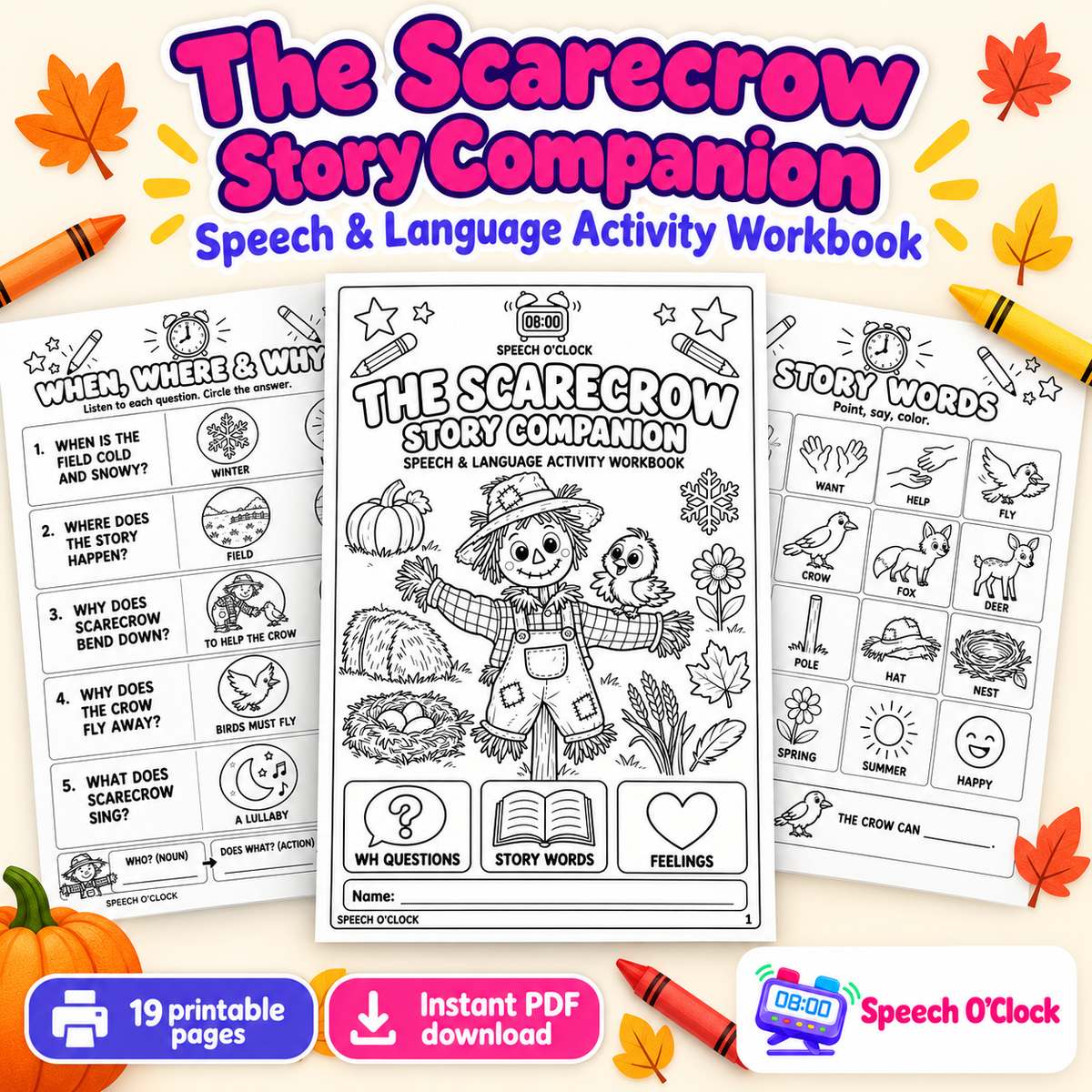 The Scarecrow Book Companion by Speech O'Clock, cover showing the activity workbook pages, 19 printable pages, instant PDF download