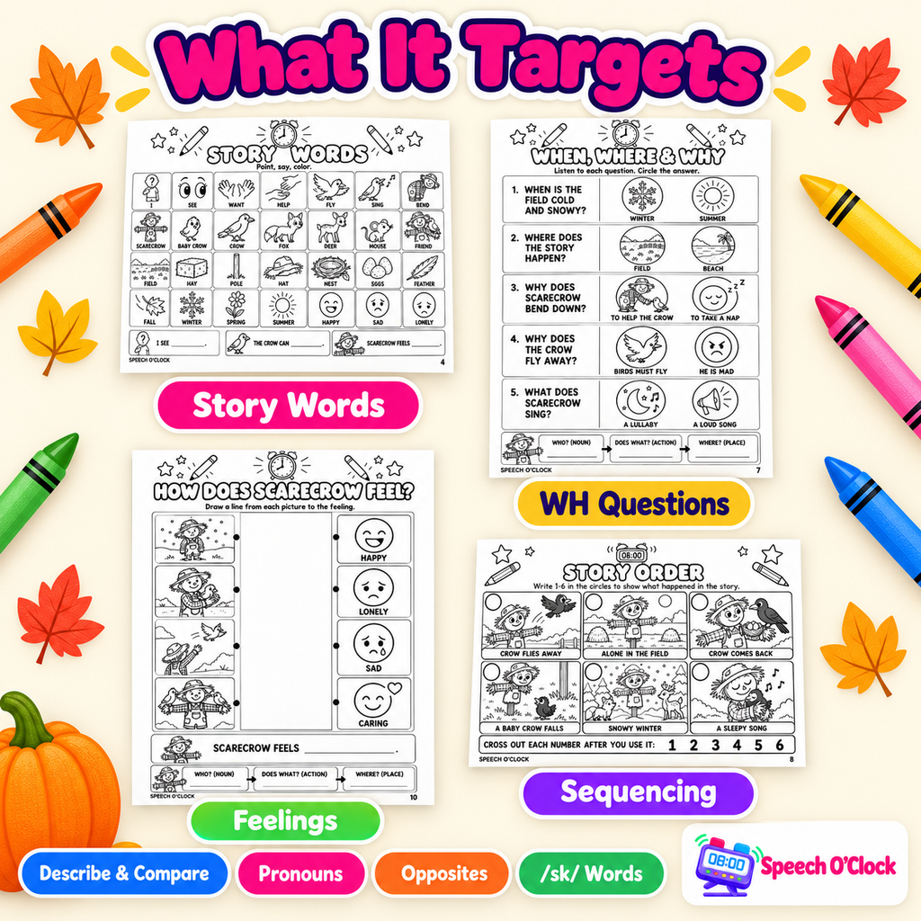 The Scarecrow Book Companion by Speech O'Clock, what it targets: story words, WH questions, feelings, sequencing, describe and compare, pronouns, opposites and /sk/ words