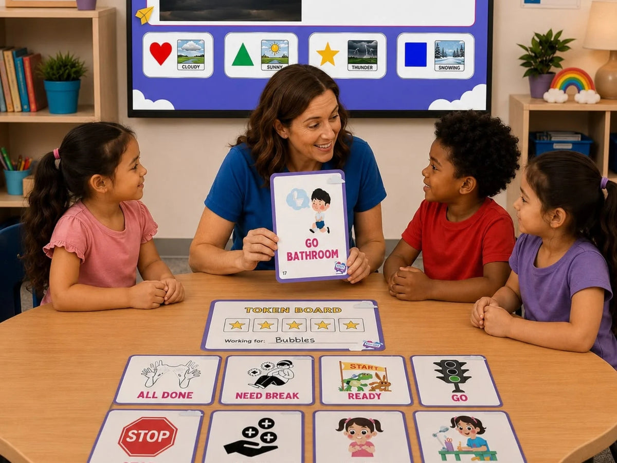 Children and educator using Speech O'Clock communication materials during a group learning activity