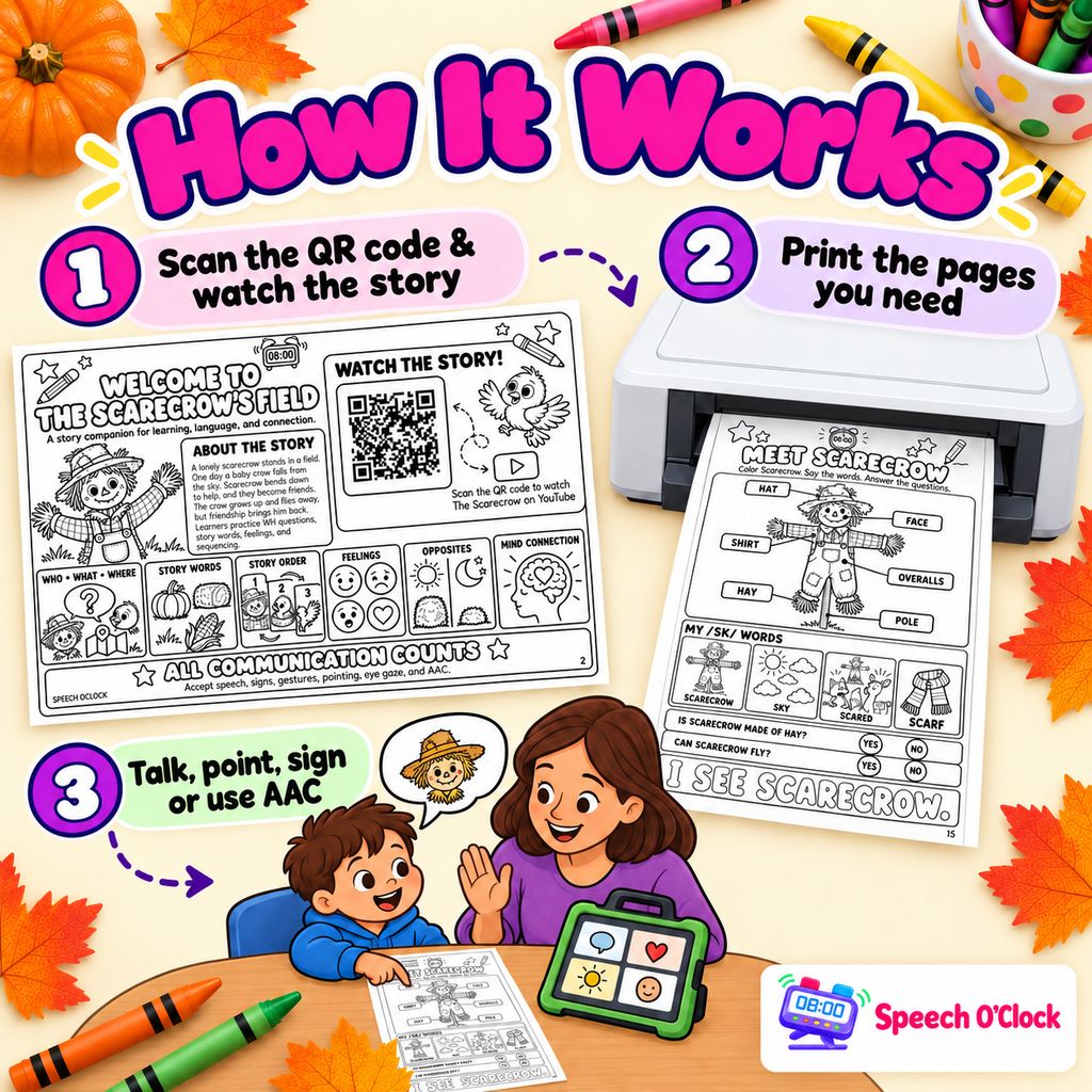 The Scarecrow Book Companion by Speech O'Clock, how it works: scan the QR code and watch the story, print the pages, then talk, point, sign or use AAC