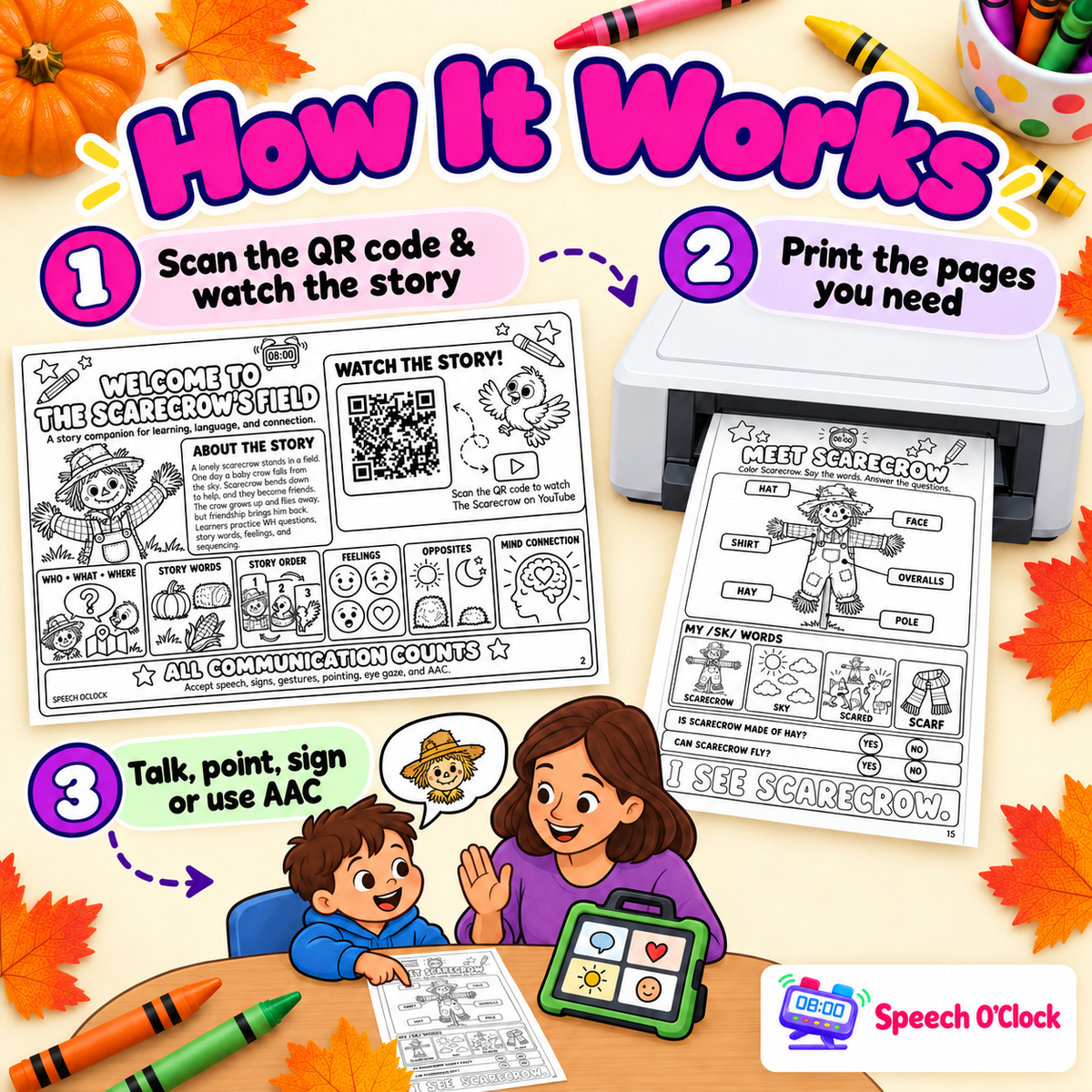 The Scarecrow Book Companion by Speech O'Clock, how it works: scan the QR code and watch the story, print the pages, then talk, point, sign or use AAC