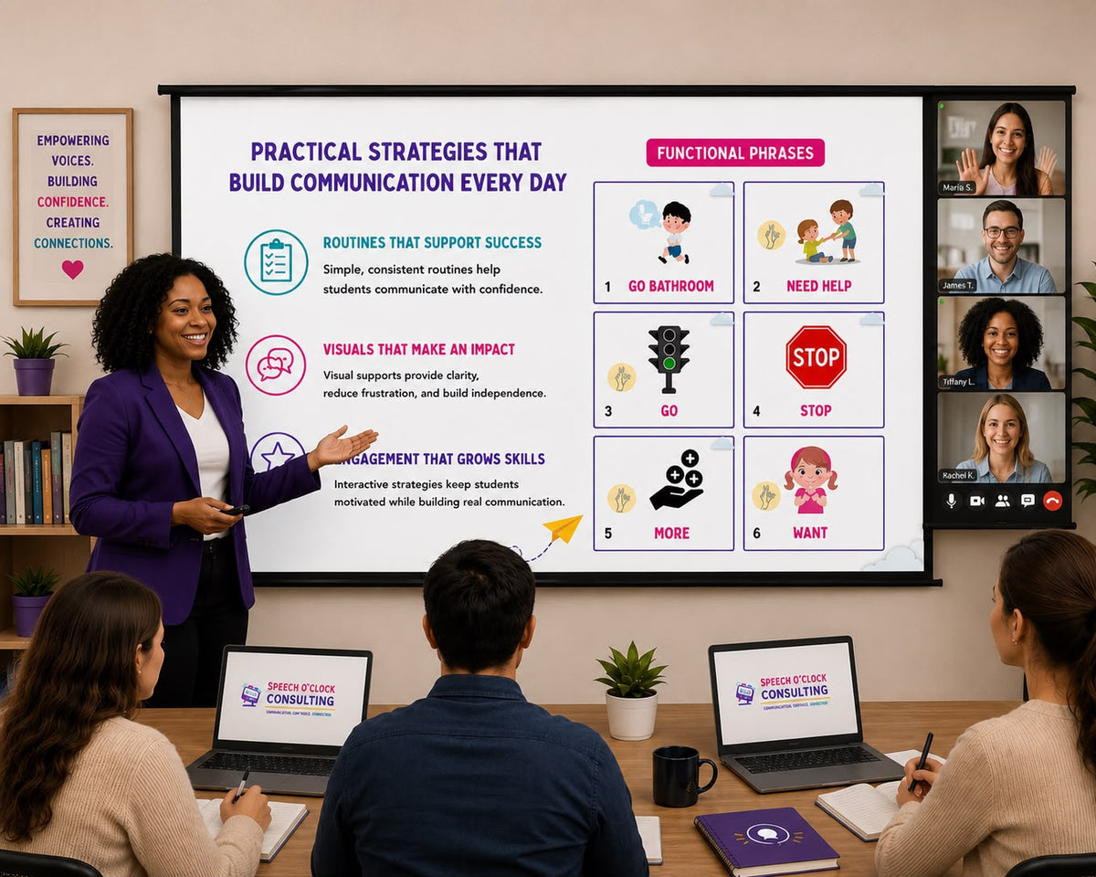 Speech-language professional presenting communication strategies using digital and visual learning materials
