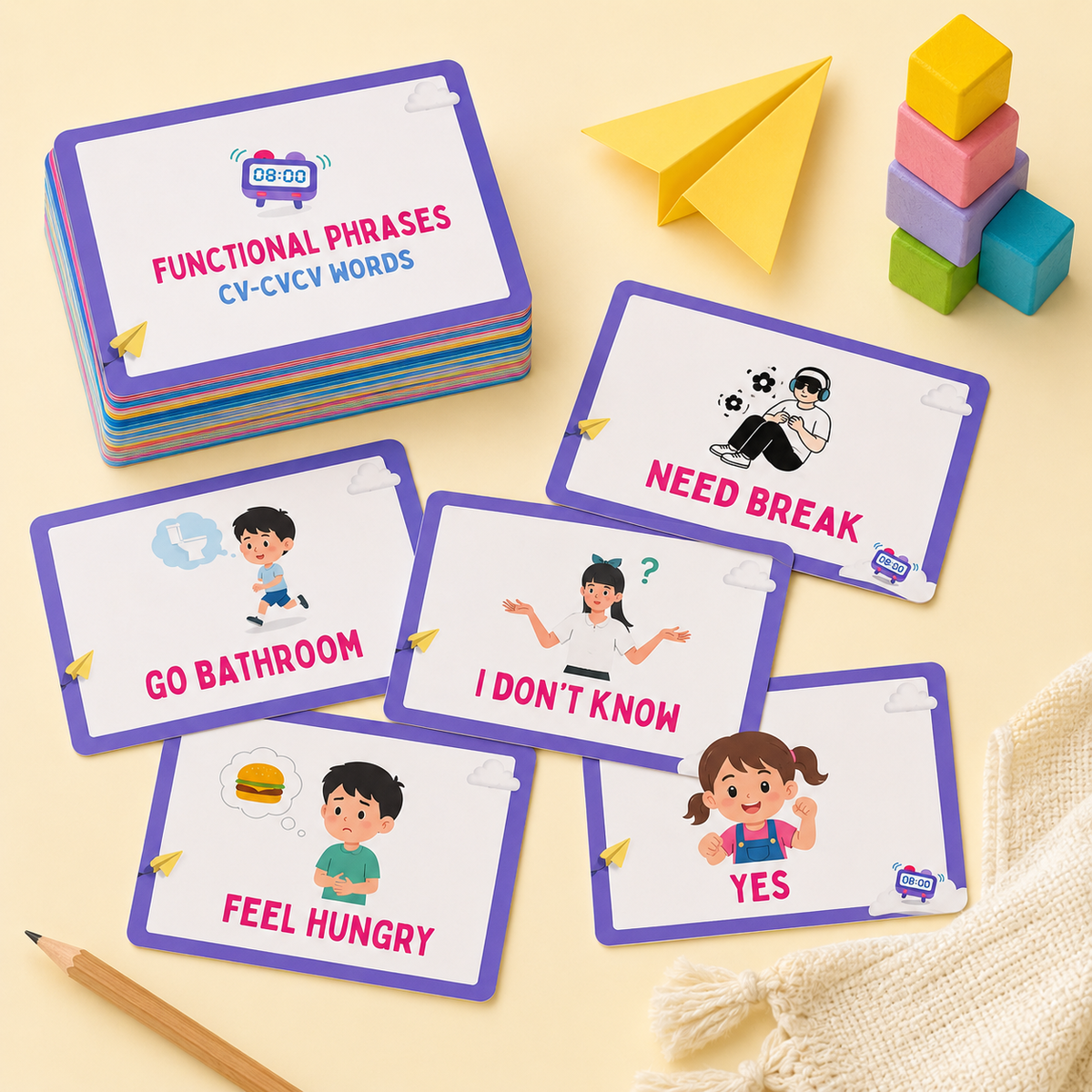 Flat-lay of Functional Phrases flashcards with a card stack and individual cards showing Need Break, Go Bathroom, I Don't Know, Feel Hungry, and Yes