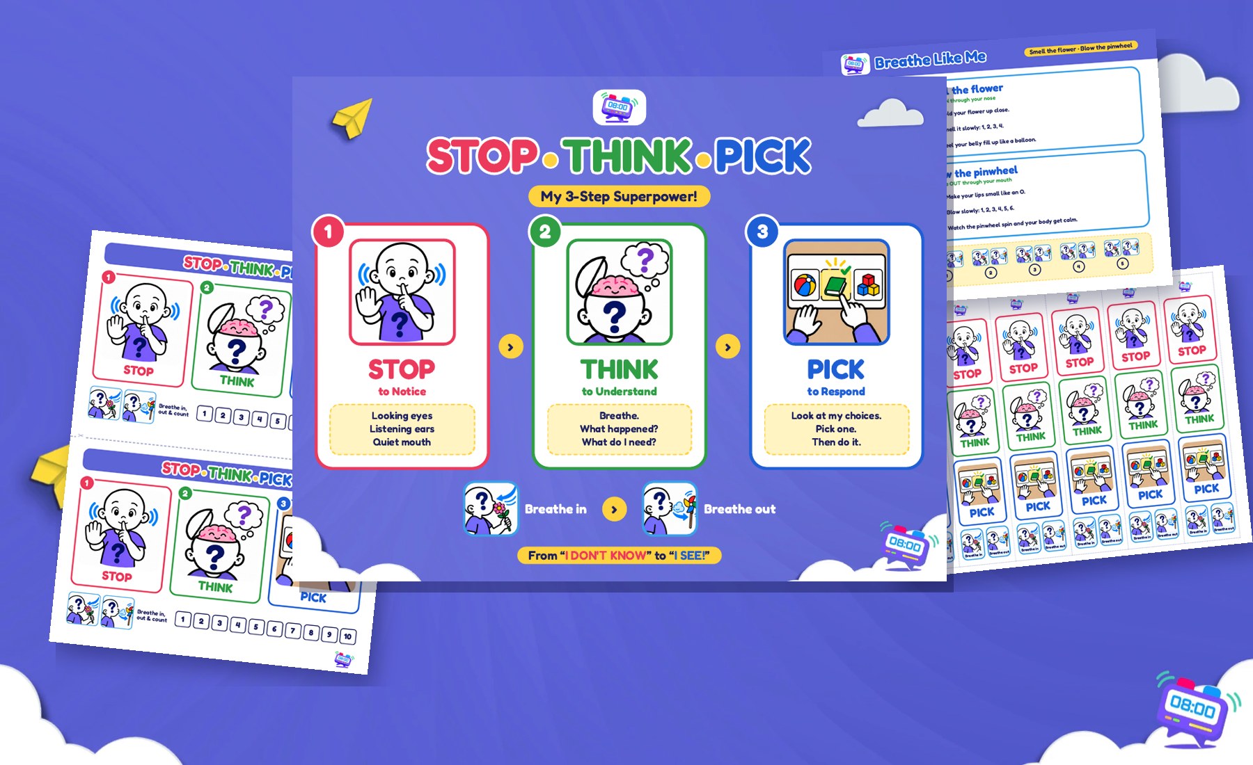 Stop Think Pick printable pack by Speech O'Clock: full-page poster, desk cards, cut-apart strips and a Breathe Like Me page